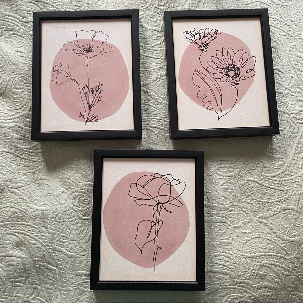 Set of 3 Framed Pink Floral Line Art Prints